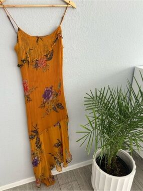 Ecote Mustard Floral Asymmetrical Slip Dress